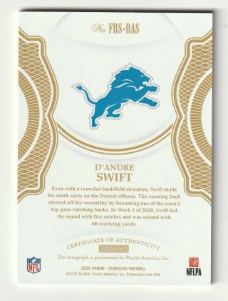 2020 Panini Flawless Ruby Red AUTO D ' Andre Swift Detroit Lions Rookie RC /15 2