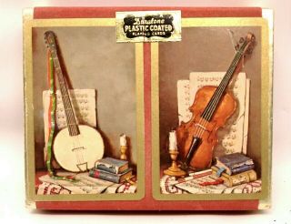 Vintage 1940s Plastic Coated Duratone Playing Cards 2 Set Pack Violin & Mandolin