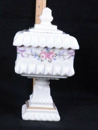 Vintage Westmoreland Hand - Painted Rose & Bow Lidded Milk Glass Candy Dish 10 " H