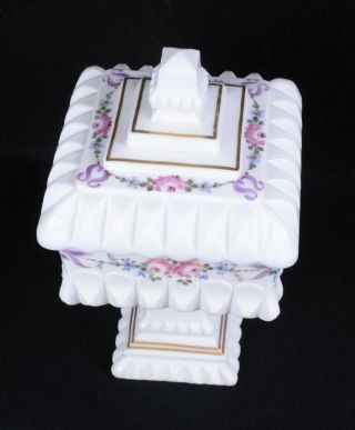 Vintage WESTMORELAND Hand - Painted Rose & Bow Lidded MILK GLASS Candy Dish 10 