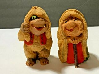 Two Vintage Hand Carved Wood Trolls Gnomes Wooden Man & Woman Norway?