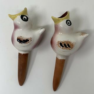 Vintage Ceramic White Pink Bird Plant Waterers Set Of 2 Water Spikes Collectible