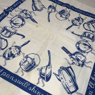 Vintage Dish Towel With Dancing Kitchen Pots And Pans Blue White (stains)