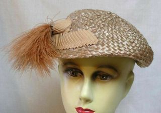 Vintage 1940s Beige Straw Hat W/ Whorl Of Ribbon And Feather Spray Philadelphia