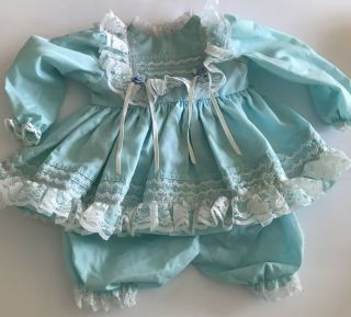 Vintage Baby Doll Set Turquoise Blue Clothing Dress Bloomers Ruffle Lace Frilly