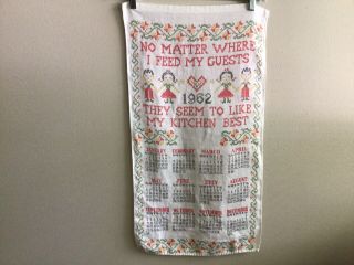 Vintage Kitchen Tea Towel 1962 Cloth Printed Linen Calendar 28” X 16”