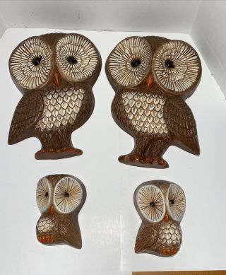Vintage Homco Owl Wall Plaques Set Of 4 Home Interior Foam Brown Cream