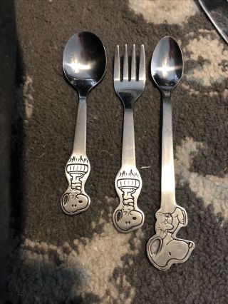 Vintage Danara Snoopy Childs Silverware Stainless 2 Spoons & Fork Peanuts