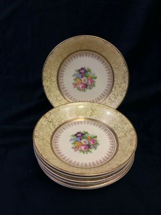 Set Of 7 Steubenville Floral Rose Yellow Rim Scrolls Dessert Bowls Vintage Usa