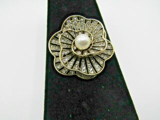 Vintage Napier Flower Faux Pearl Rhinestone Gold Tone Pin Brooch