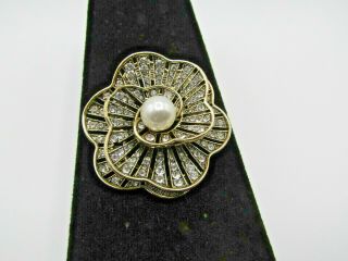 Vintage Napier Flower Faux Pearl Rhinestone Gold Tone Pin Brooch 2
