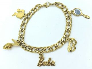 Vtg 1996 Avon Barbie Doll Girls Gold Tone 7 " Charm Bracelet Jewelry 5 Charms