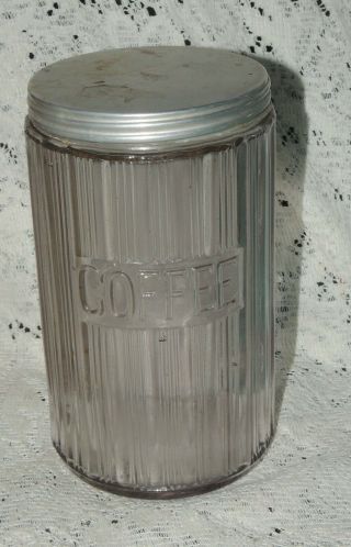 Vintage Hoosier Coffee Glass Ribbed Canister With Metal Lid