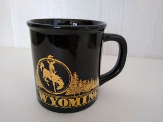 Vtg Wyoming Wsi Black Gold Paint 10 Oz Mug Cup Souvenir Japan Made Bronco Horse