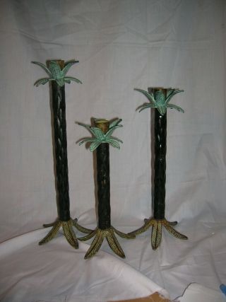 Vintage Set Of 3 Graduated Size Metal Palm Tree Shaped Candle Sticks
