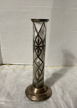 Vtg Bud Vase Filigree Sterling Silver Blown Glass 6.  5”