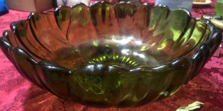 Indiana Glass Large Round Green Footed Fruit Bowl Heavy Scalloped Vtg