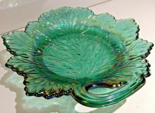 Vintage Fenton Carnival Glass Leaf Dish - Greenish Iridescent Color 1980 