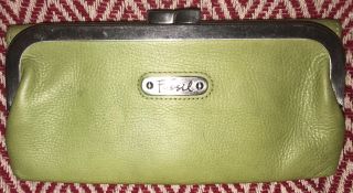 Vintage Fossil Green Leather Kiss Lock Bifold Wallet Coin Purse Pebbled