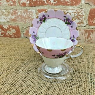 Vintage Hand Painted Lefton China Pattern 1798 Purple Flowers Cup And Saucer