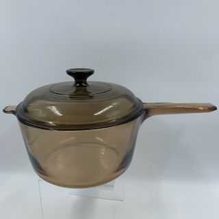 Vision Ware 2.  5 L Amber Brown Glass Pot Sauce Pan Pyrex Lid Usa Vintage Corning