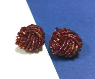 Vintage Fuchsia Pink Ab Glass Seed Bead Knot Cluster Clip Earrings Gold Pl Aa44e