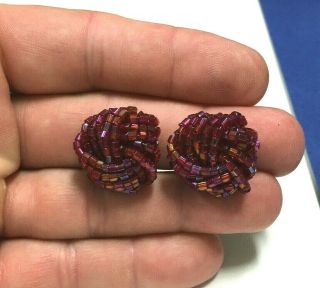 Vintage Fuchsia Pink AB Glass Seed Bead Knot Cluster Clip Earrings Gold PL AA44E 2