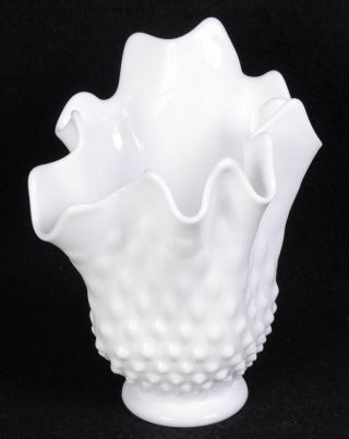 Vintage Fenton Hobnail White Milk Glass Stretched Swung Footed Vase 7.  75 " H