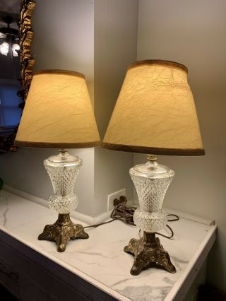 Vintage Small Glass And Brass Lamps Pair 18” Tall