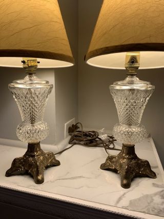Vintage Small Glass And Brass Lamps PAIR 18” Tall 2