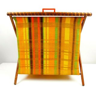 Vintage Knitting Sewing Yarn Cloth Bag Folding Wood Frame Basket Orange Green