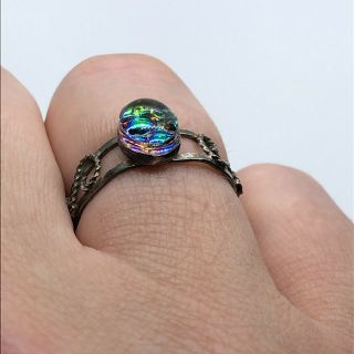Fun Sterling Silver Vintage Millefiori - Like Glass Cabochon Dome Ring - Size 7.  5