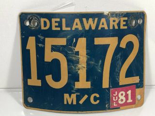 Delaware Motorcycle License Plate 15172 Jul 1981 Curved To Fit Fender Vintage