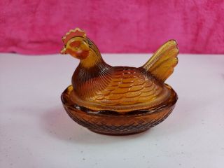 Vintage Indiana Glass Hen On Nest Amber Chicken Candy Dish Bowl/lid