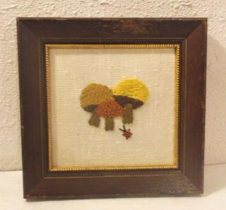 Vintage Embroidered Crewel Yarn Art Mushrooms Lady Bug Picture Wood Frame 5.  75 "