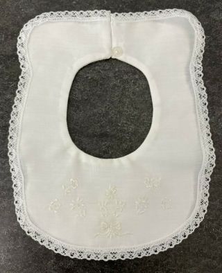 Vintage Baby Bib - White Lace Embroidered Flowers Heirloom