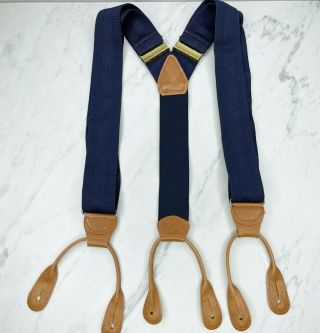 Multicolor Vintage Navy Blue Leather Button Tab Suspenders Braces Made In Usa