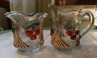 Vtg Westmoreland Glass Embossed Crystal Cherries Creamer & Open Sugar Bowl 24K 2