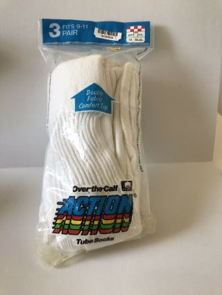 Vtg Action Tube Socks 70s 80s Pack Of 3 White Usa Over The Calf Mens Sz 9 - 11
