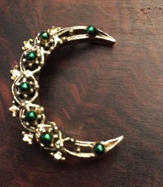 Crescent Shaped Brooch Pin Gold Tone Green Pearls Vintage Jewelry