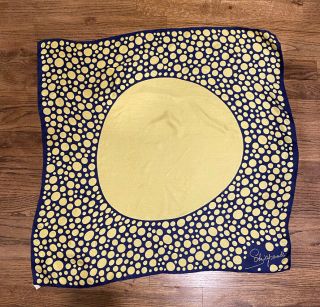 Vintage Schiaparelli Silk Square Scarf 27”x 27 " Yellow And Navy Polka Dots.