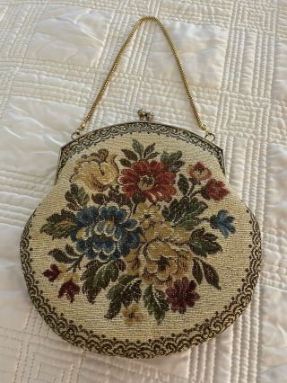 Vintage Needlepoint Floral Tapestry Clutch - Purse W/ Chain