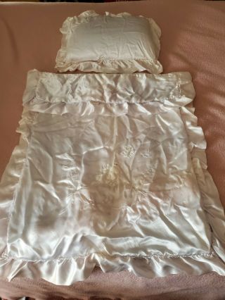 Vintage Baby Satin Crib Coverlet With Pillow And Sham - 40 " By 26 "