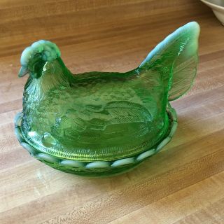 Vintage Hen On Nest Candy Trinket Dish Iridescent Lime Green Carnival Indiana