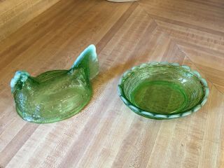 Vintage Hen On Nest Candy Trinket Dish Iridescent Lime Green Carnival Indiana 3
