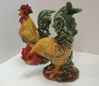 Vintage Set Of 2 Large Rooster Figurines Colorful Ceramic 8 " Tall