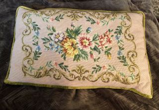 Antique Vintage Floral ￼needlepoint Pillow /bench Pillow 23”x14.  5 " Rectangular