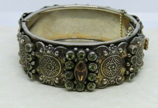Vintage Signed Sandor Etruscan Rhinestone Bracelet,  Ornate Hinged Bangle