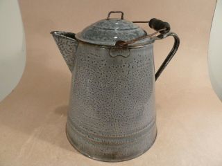 Vintage Granite Enamel Ware Gray Speckled Extra Large Cowboy Coffee Pot Kettle