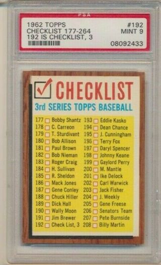 1962 Topps 3rd Series Checklist (177 - 264) With,  192 -,  Psa 9